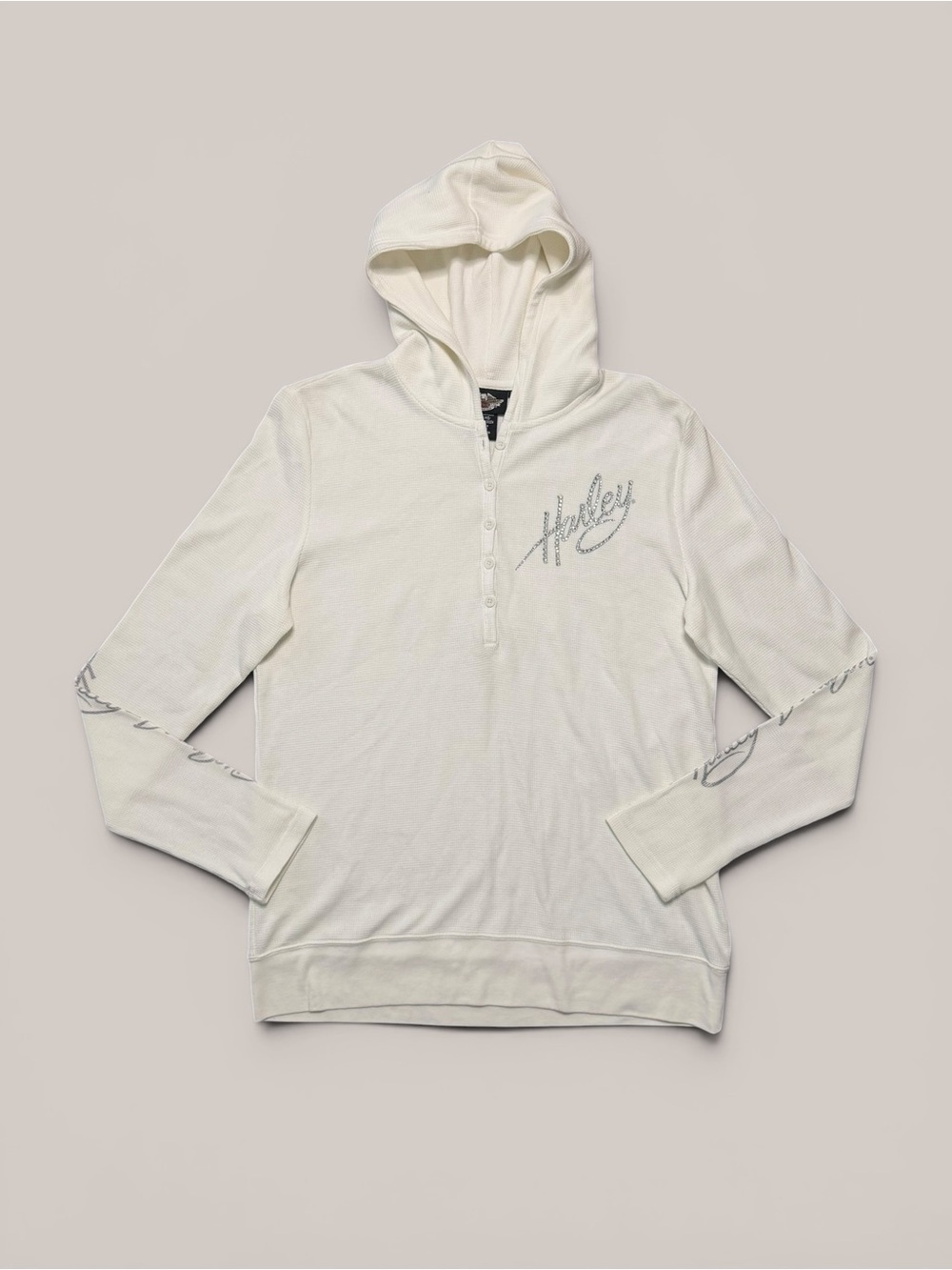 Y2K VINTAGE Harley Davidson White Waffle Knit Hoodie with Rhinestones